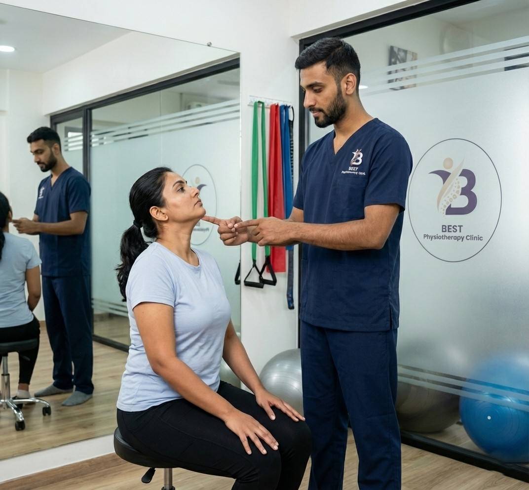 Physiotherapist instructing chin tuck exercises to strengthen deep neck flexors for Forward Head Posture correction