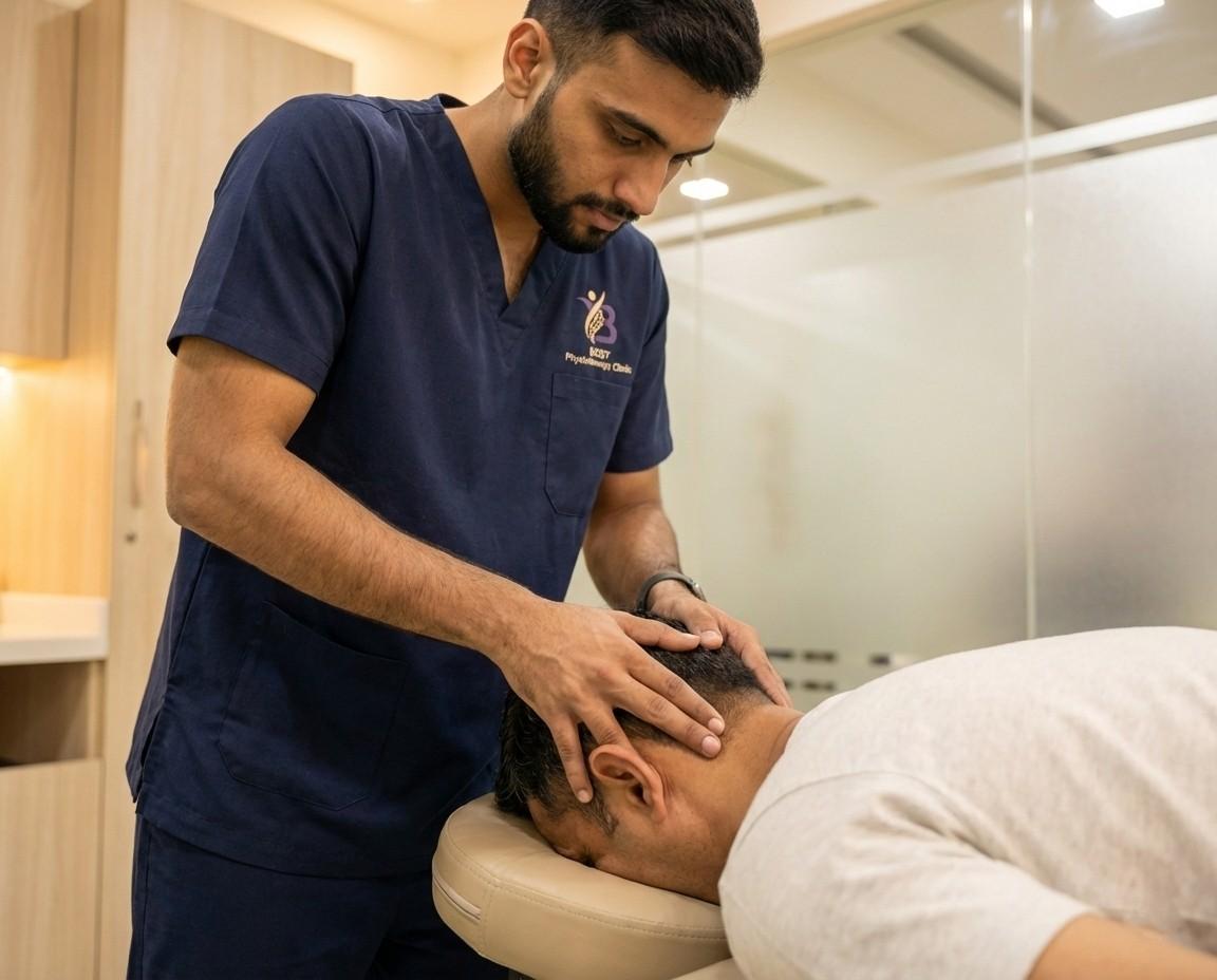 Physiotherapist educating patient on proper cervical spine alignment and resting head position during therapy for Forward Head Posture