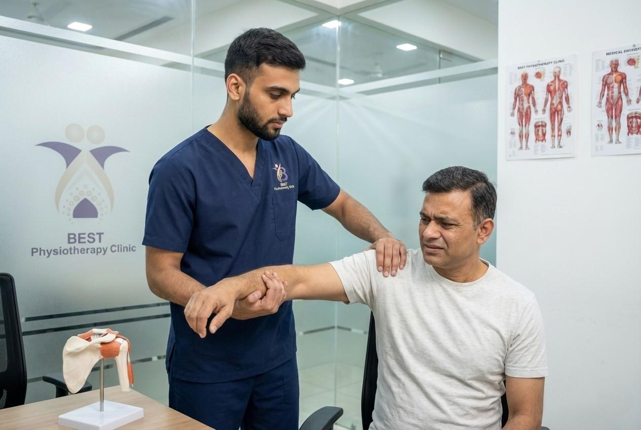Physiotherapist assessing and documenting the severely limited end-range abduction and external rotation for frozen shoulder treatment in Bopal