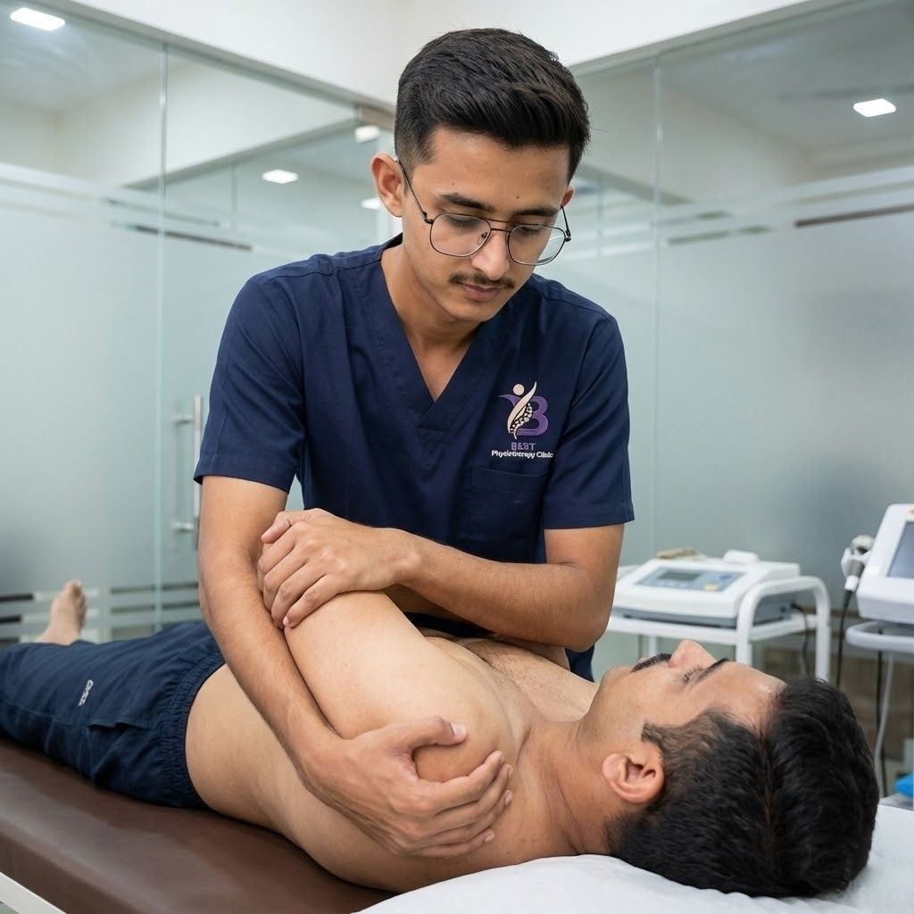 Physiotherapist performing gentle Grade I/II joint mobilization to the shoulder capsule for pain relief from Adhesive Capsulitis