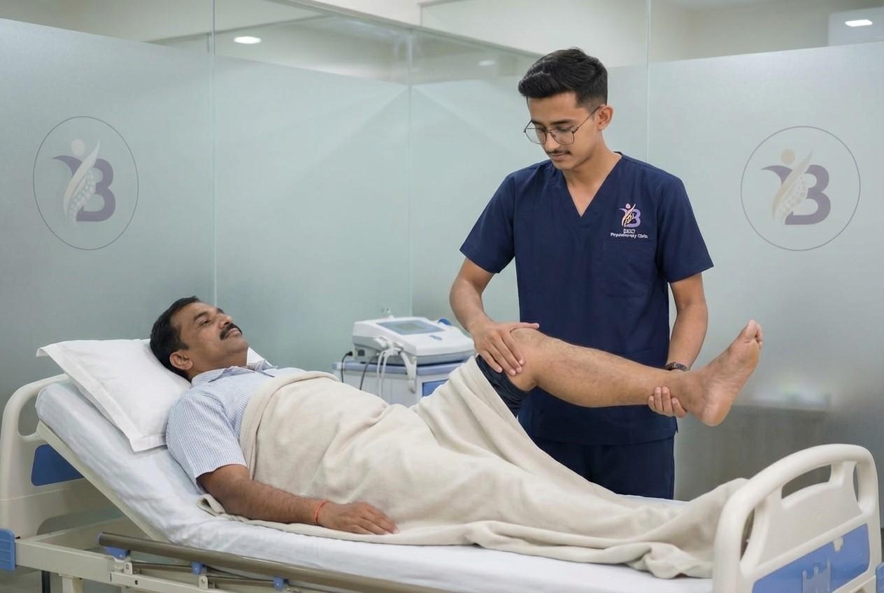 Physiotherapist Dr. Kanaiya performing passive range of motion on a patient in bed for Guillain Barre Syndrome rehabilitation recovery.