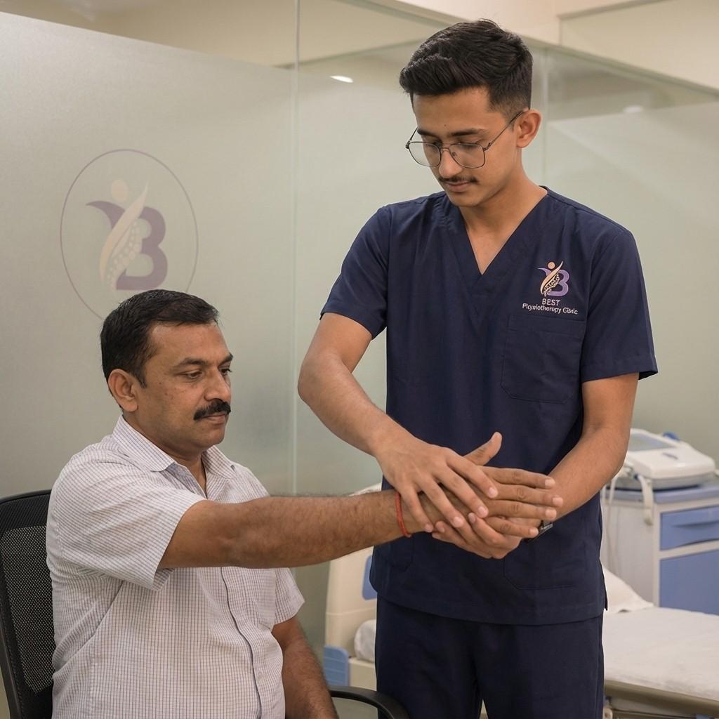 Physiotherapist performing manual strength assessment on the patient's arm during Guillain-Barre Syndrome rehab.