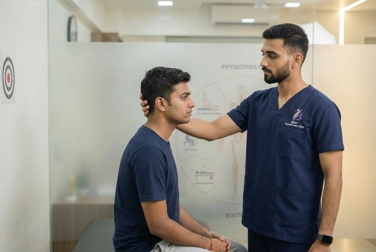Physiotherapist Dr. Sagar assessing the cervical spine and neck mobility after a head injury rehabilitation in Bopal.