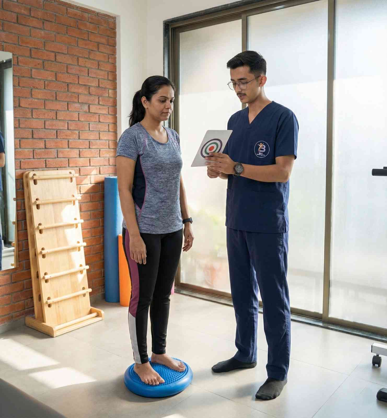 Balance training and visual tracking exercises for a female patient recovering from a head injury.