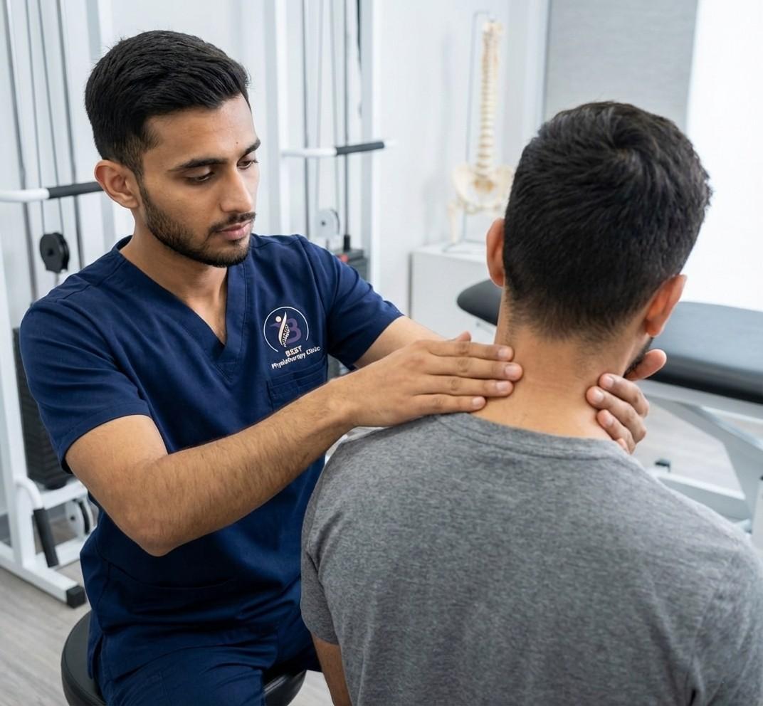 Physiotherapist performing manual therapy to relieve neck pain after a head injury or concussion.