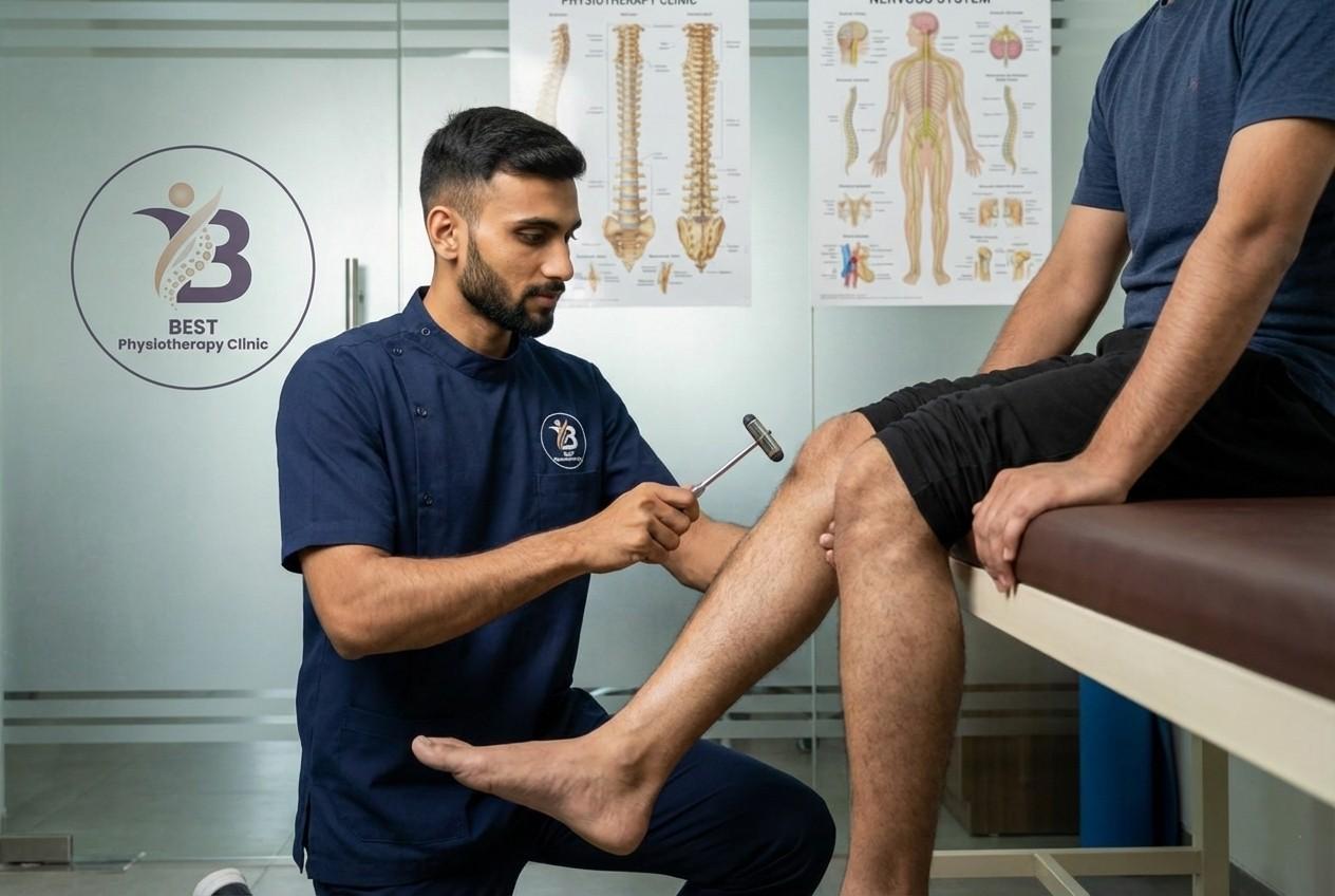 Physiotherapist performing a knee jerk reflex test to check for nerve root compression from a Herniated Disc treatment