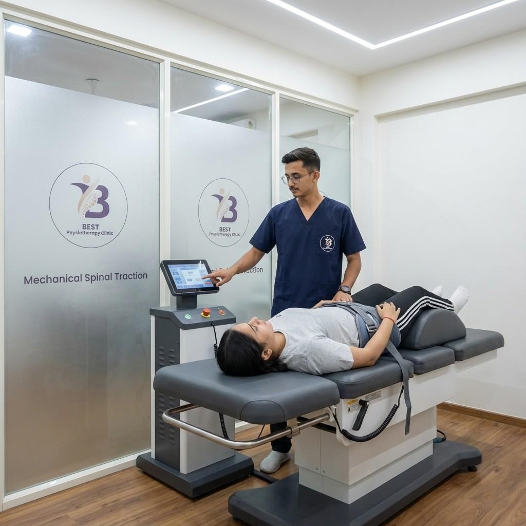 Patient receiving mechanical spinal traction therapy for non-surgical decompression of a lumbar Herniated Disc