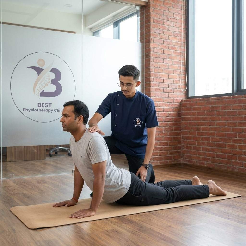 Physiotherapist supervising a patient performing prone extension (McKenzie) exercise for Herniated Disc centralization
