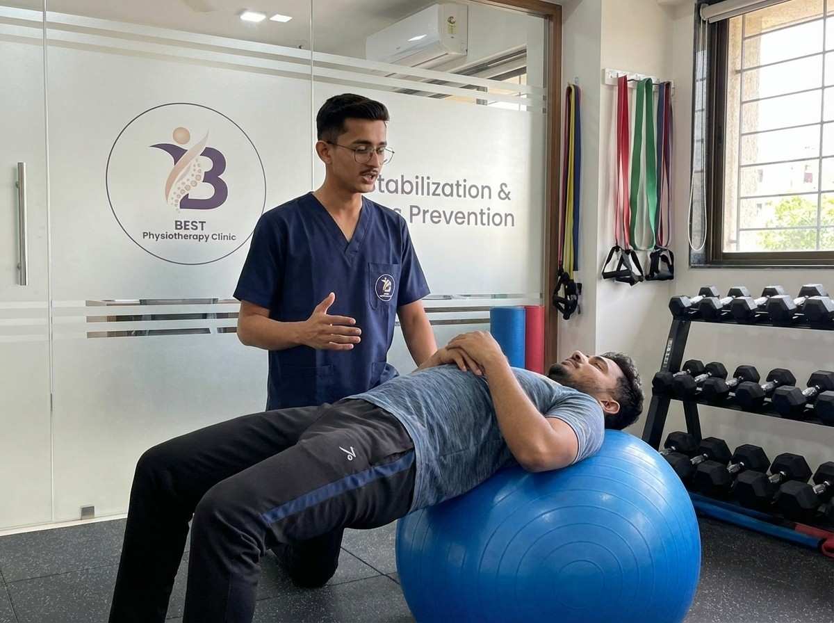 Herniated-Disc-img-4.jpeg}$) Alt Tag: $\text{Herniated Disc patient performing core stabilization exercises on a Swiss ball for back muscle strengthening and prevention