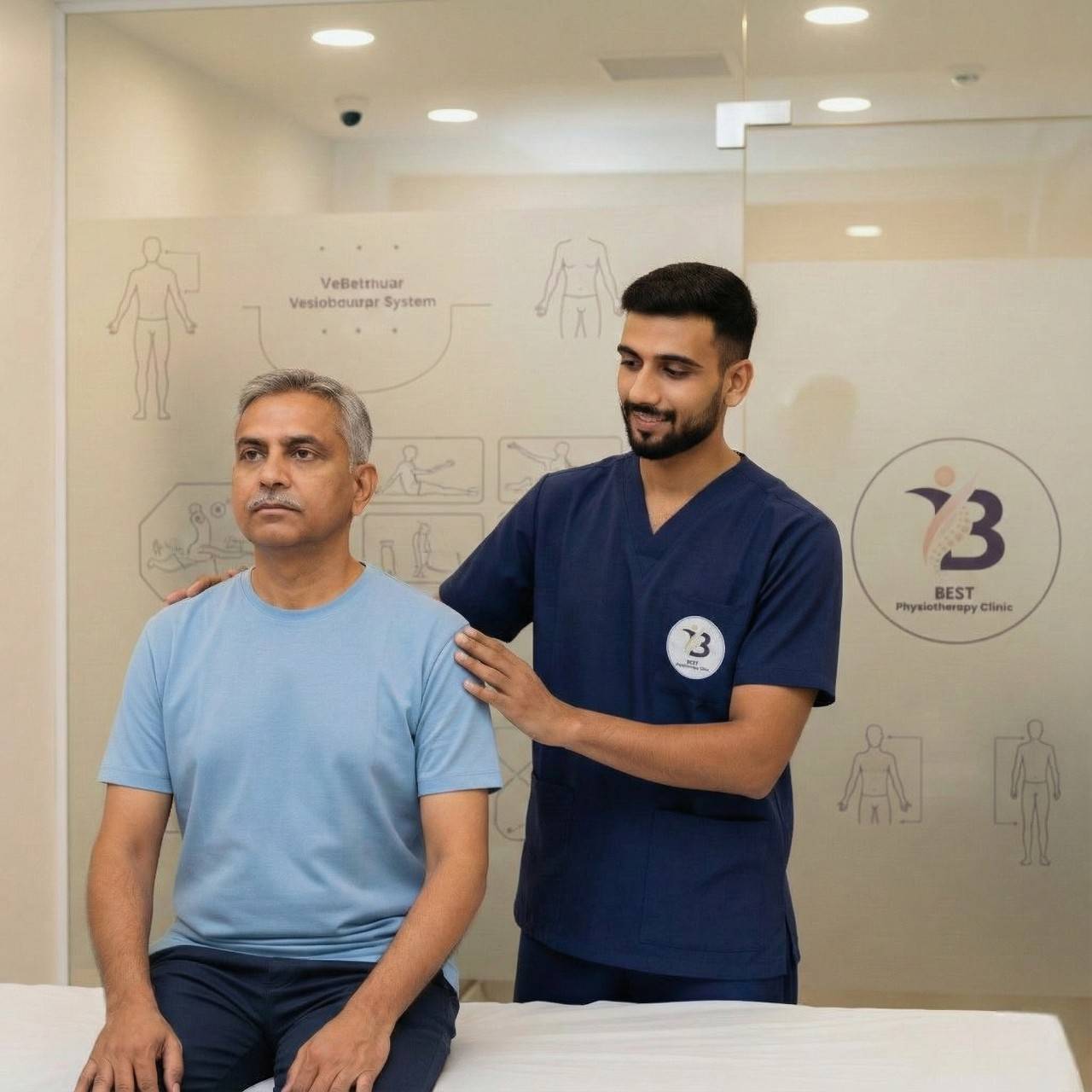 Physiotherapist assisting patient with vestibular rehabilitation therapy exercises to improve balance and stability.