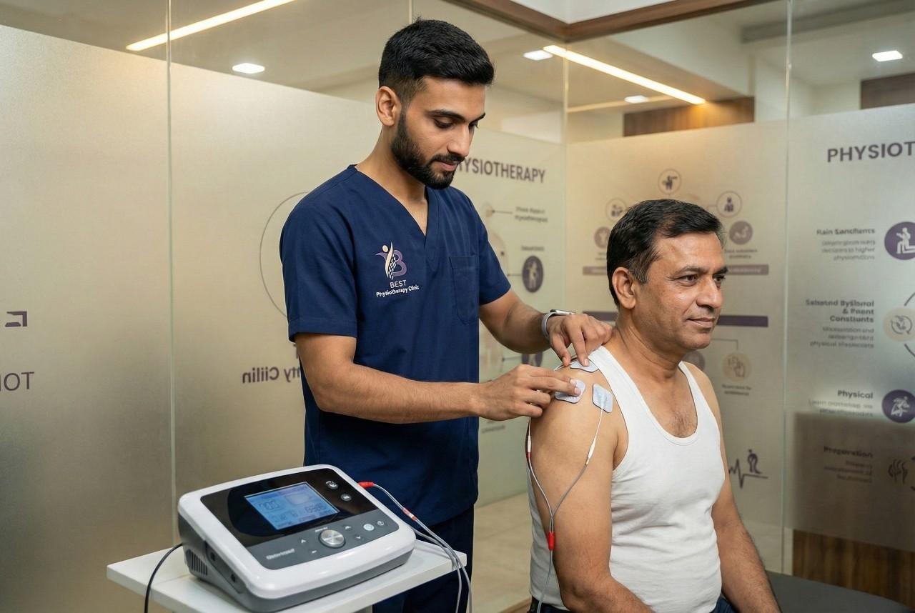 Dr. Sagar applying TENS electrodes on the patient’s shoulder for pain relief in Bopal Clinic