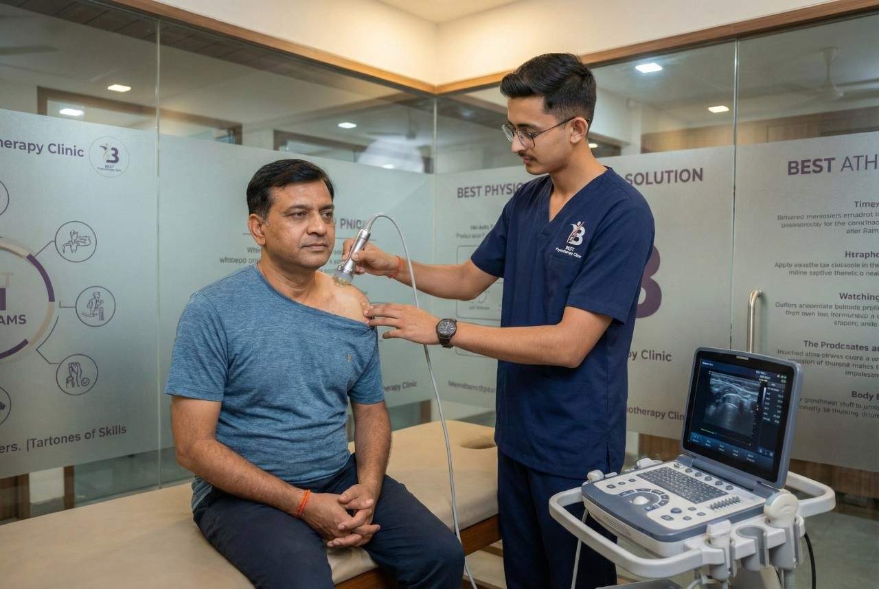 A Dr. Kanaiya performing therapeutic ultrasound physiotherapy treatment on a patient’s shoulder to reduce inflammation and promote faster tissue healing in Bopal Clinic.