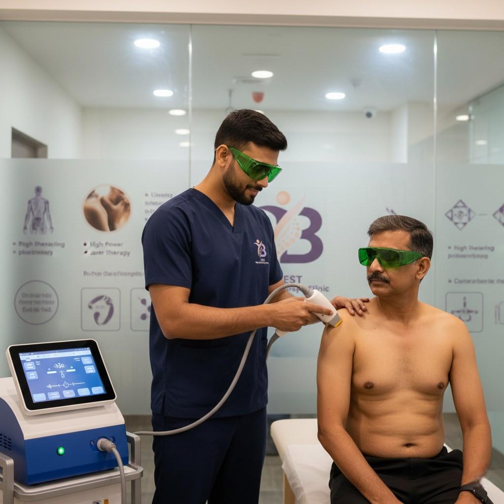 A Dr. Sagar applies high-power laser therapy physiotherapy to a patient’s shoulder for pain relief in Bopal clinic