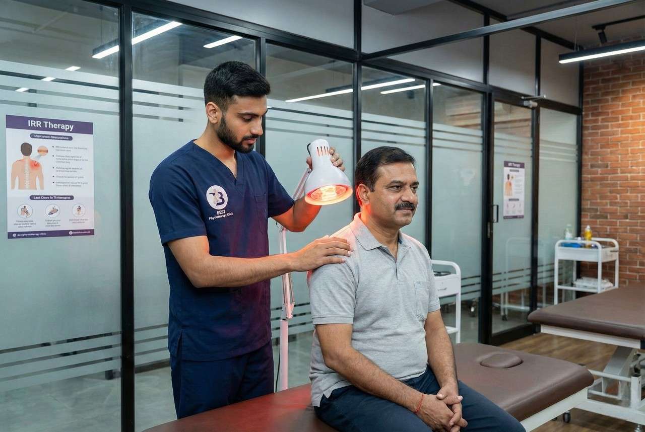 Dr. Sagar applies infrared radiation therapy to a patient’s shoulder for pain relief and relaxation in Bopal Clinic