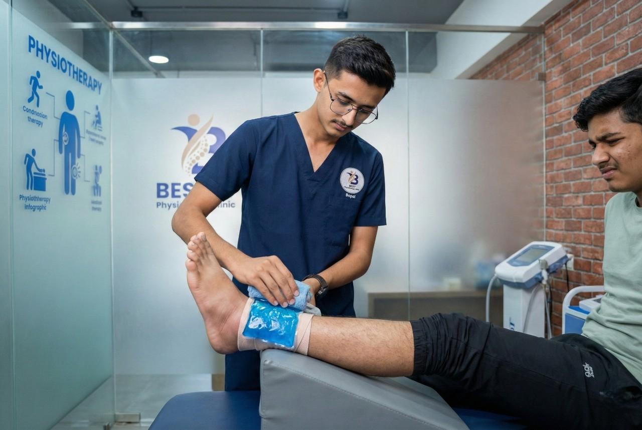 Dr. Kanaiya applies cryotherapy for pain relief on the patient’s ankle to reduce swelling and pain.