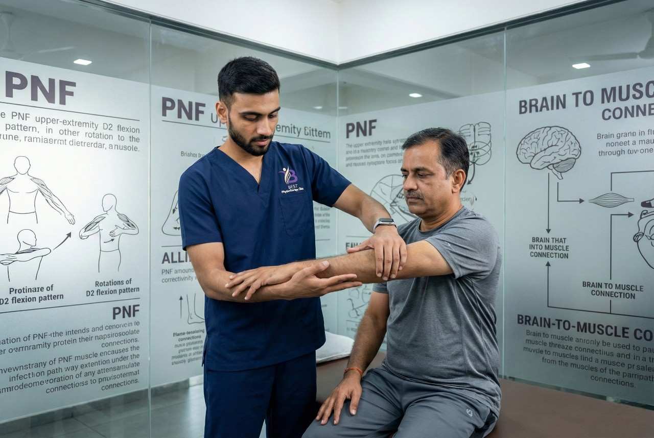 Dr. Sagar performing the PNF stretching technique on a patient’s arm to improve mobility PNF technique therapy in clinic Bopal Ahmedabad