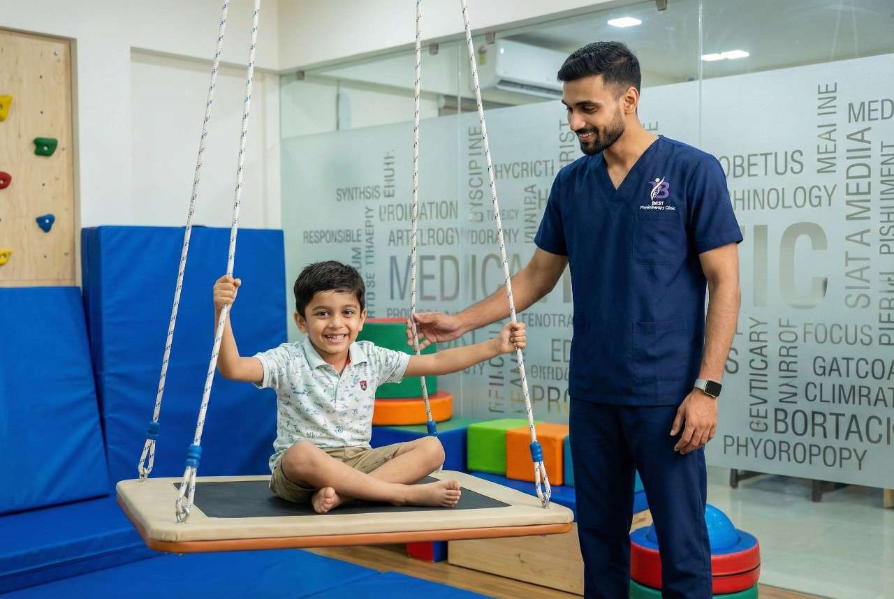 Child participating in sensory integration swing therapy with guidance from a pediatric physiotherapist.