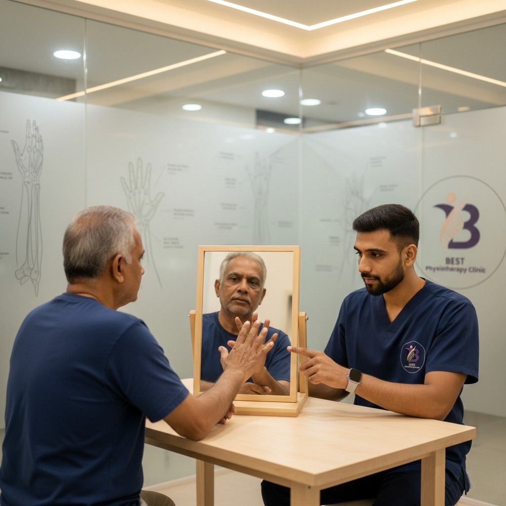 Dr. Sagar guiding elderly patient through mirror therapy to improve hand movement and brain-hand connection.