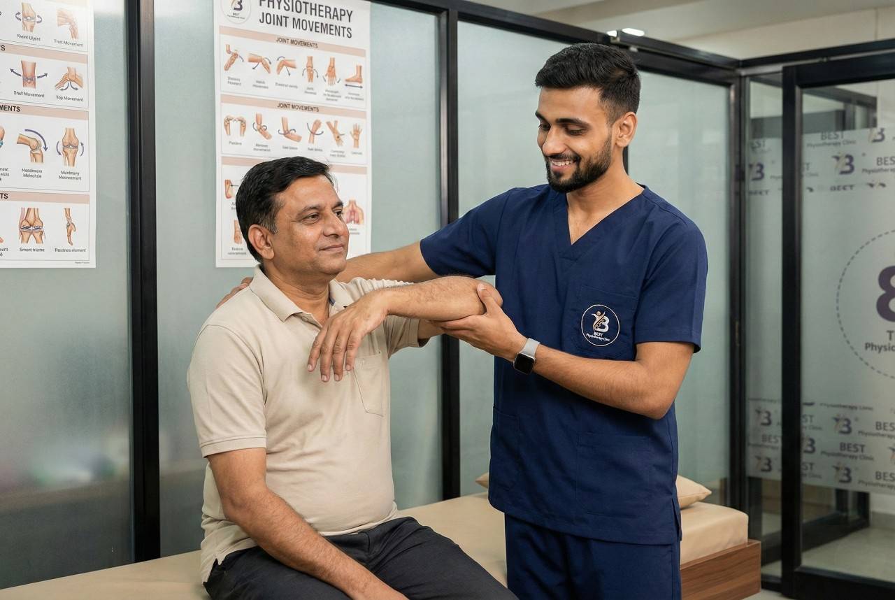 Dr. Sagar performing elbow range of motion exercises therapy in Bopal, Ahmedabad
