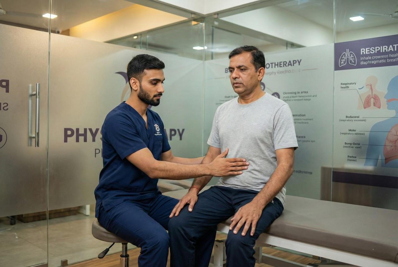 Physiotherapist guiding patient through diaphragmatic breathing exercises therapy to improve lung function and relaxation