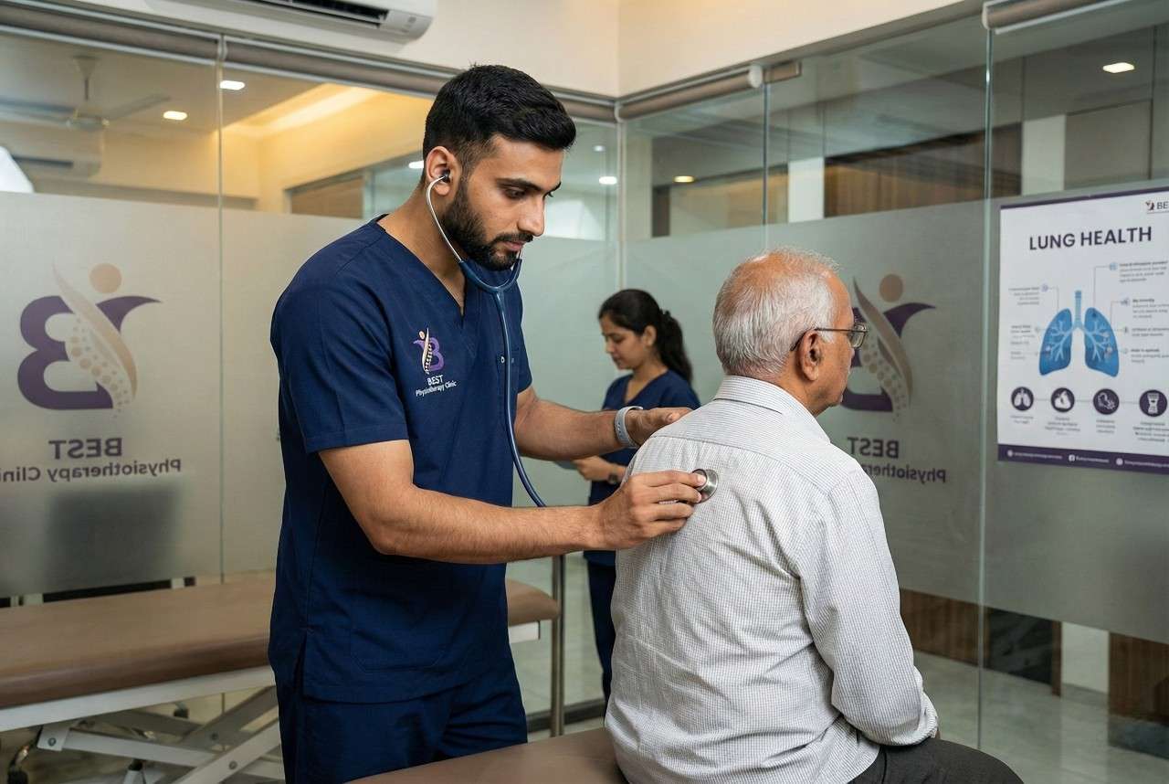 Dr. Sagar assessing elderly patient’s lung sounds before performing postural drainage therapy.