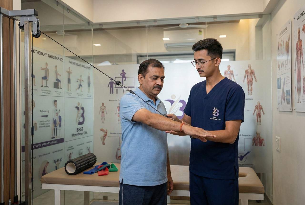 Physiotherapist performing post-surgical shoulder assessment and passive mobilization for range of motion.