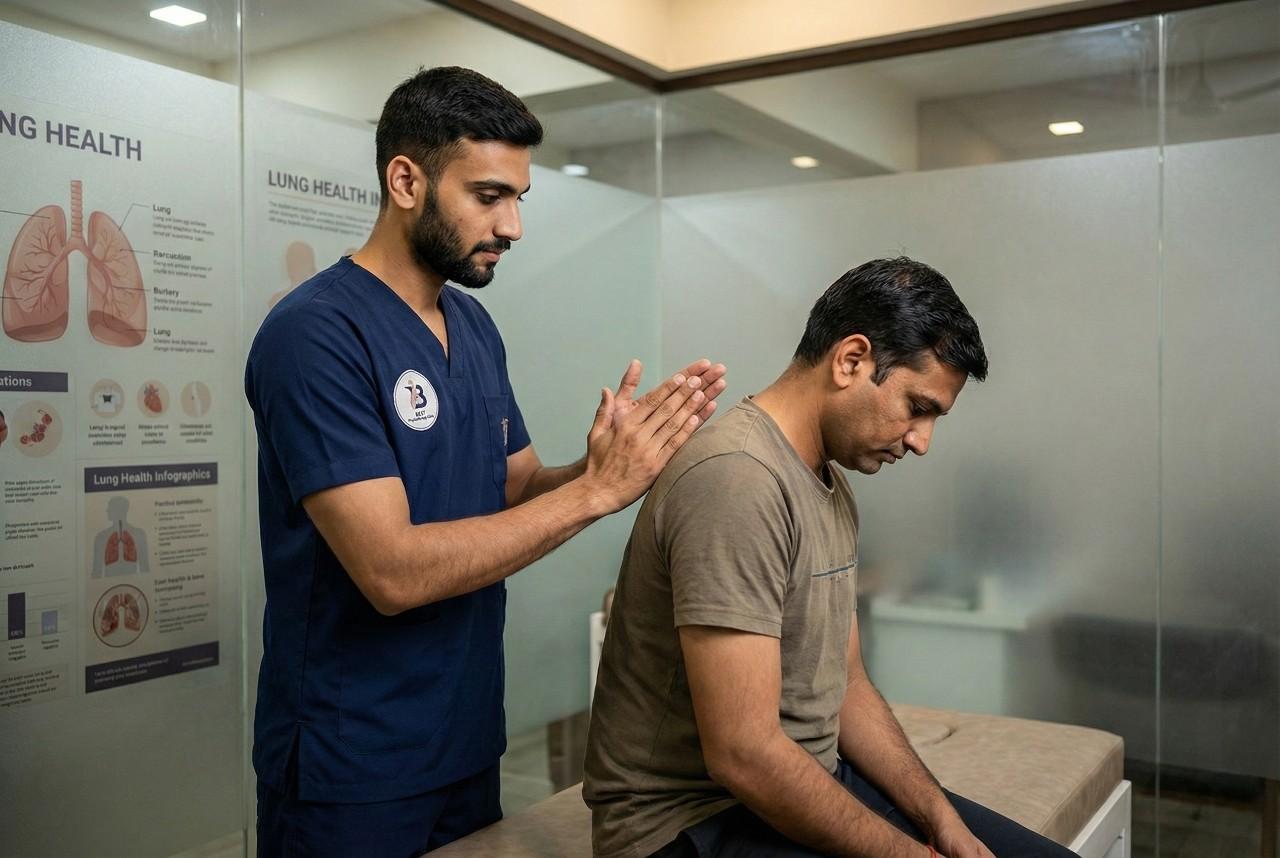 A physiotherapist is performing chest percussion on a patient to improve lung expansion and airway clearance.