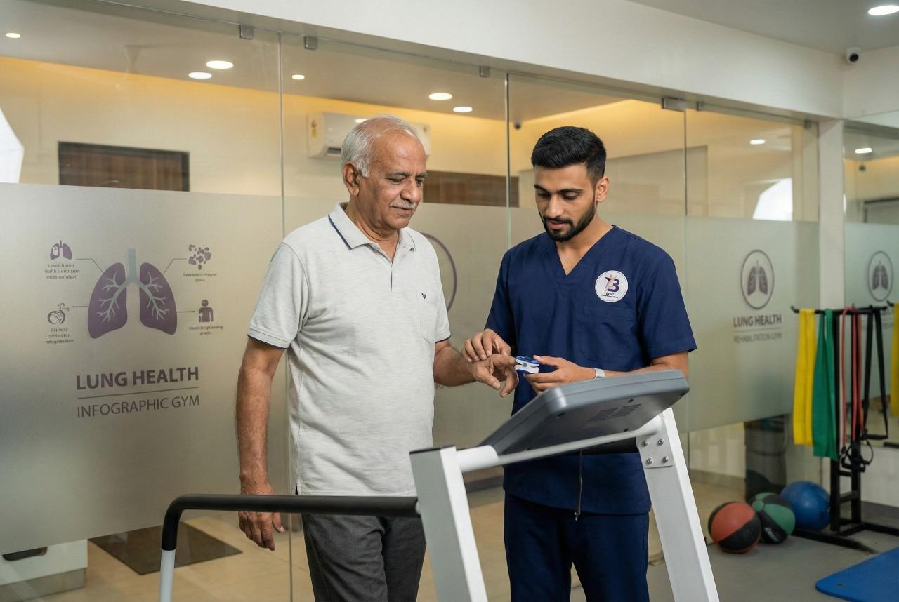 Physiotherapist monitoring oxygen saturation and heart rate before cardiopulmonary exercise for Pulmonary Rehabilitation Program in Bopal