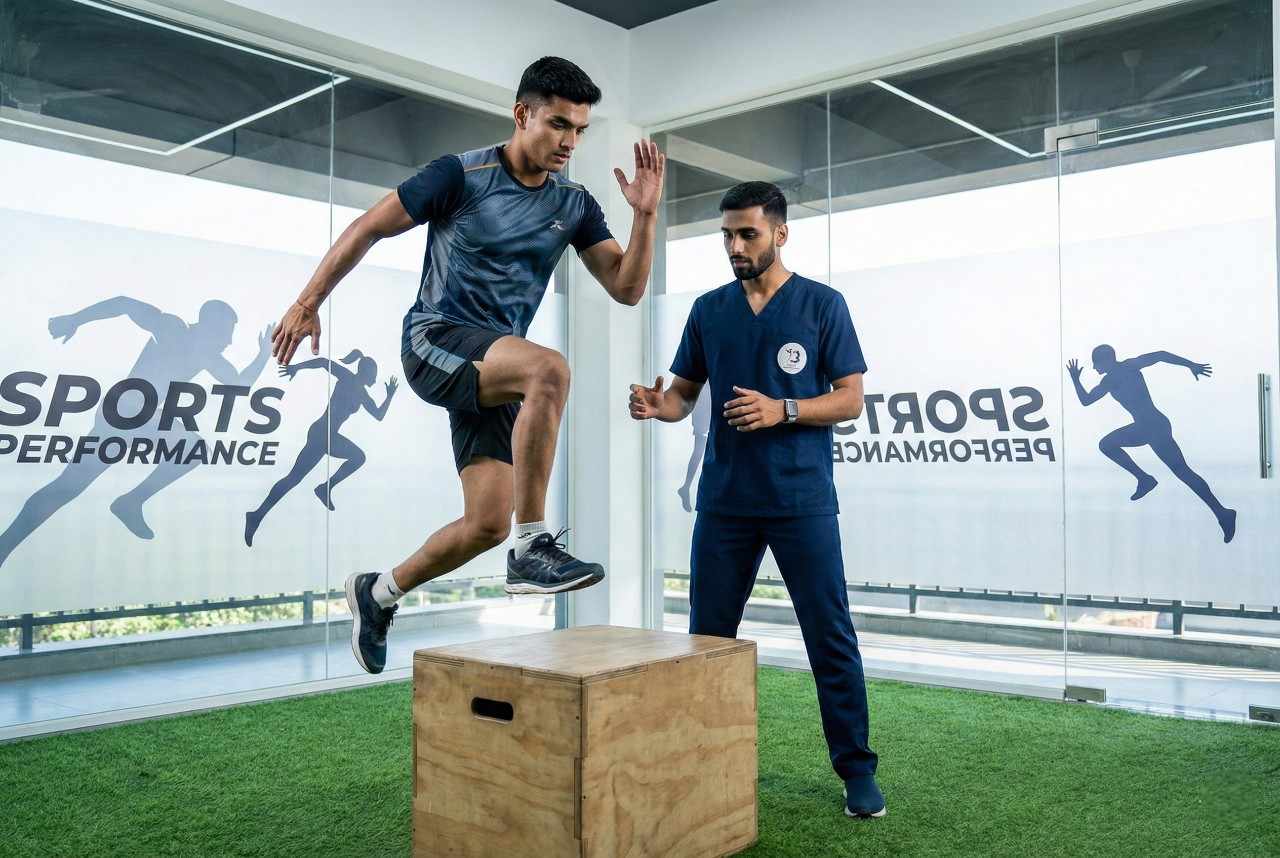 A physiotherapist supervising an athlete during plyometric box jumps for sports injury rehabilitation.