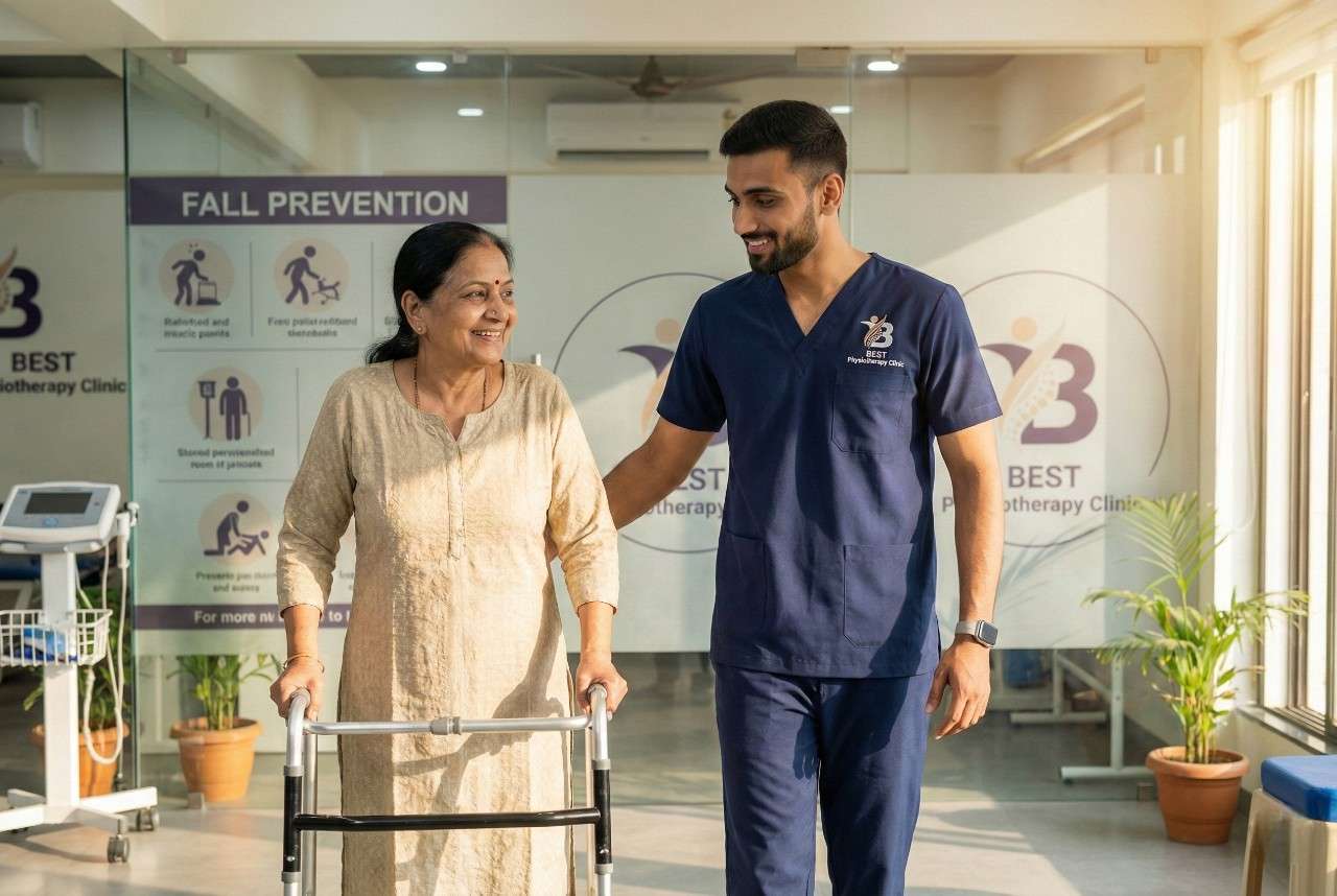 Physiotherapist assisting elderly woman with walker for gait training and fall prevention in geriatric rehabilitation therapy in bopal.