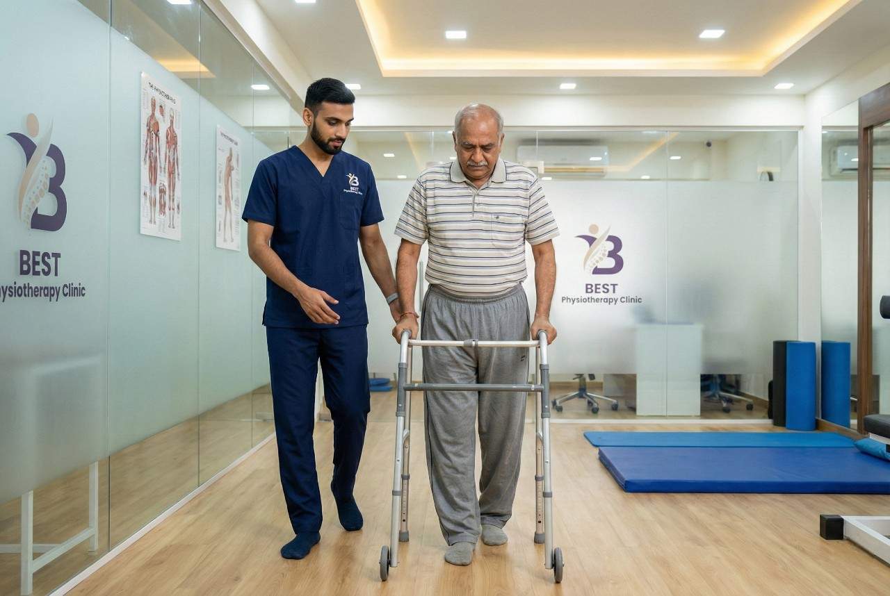 Post-operative Hip Replacement patient receiving assisted gait training using a walker during physiotherapy rehabilitation