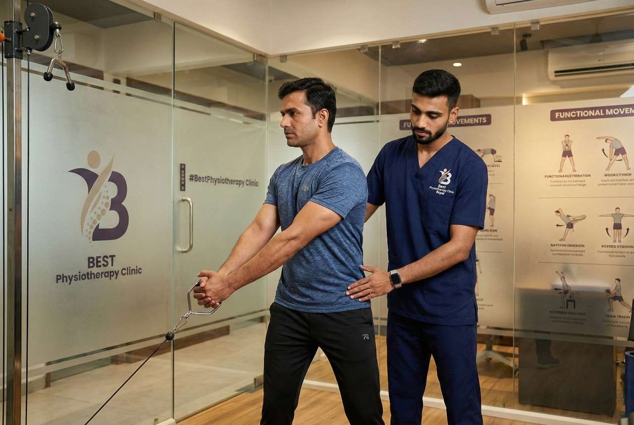 DR. Sagar guiding patient with cable machine for functional training physiotherapy and core stability in Bopal clinic.