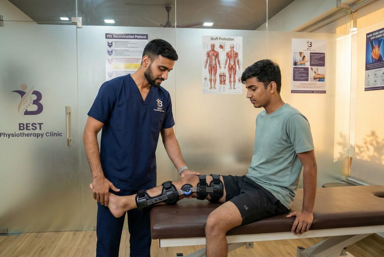Physiotherapist Dr. Sagar adjusting the range of motion settings on a hinged knee brace following PCL Reconstruction surgery (Graft Protection)