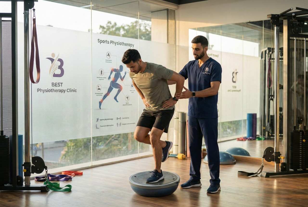 Sports Physiotherapy session: patient doing single-leg balance exercise on Bosu ball for rehabilitation in sports injuries treatment in bopal