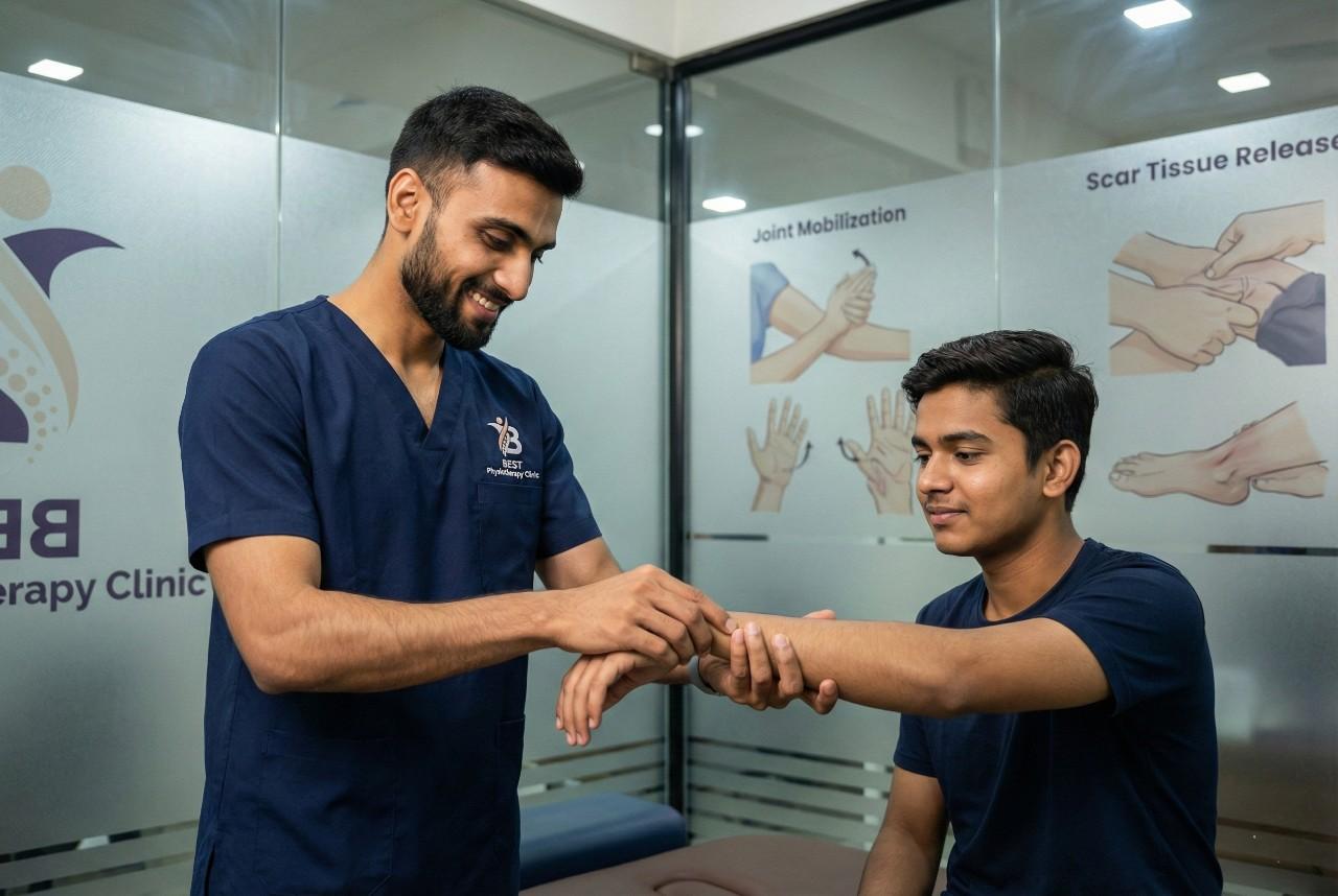 Physiotherapist Dr. Sagar measuring joint range of motion (ROM) in the elbow after a fracture injury as part of post-fracture rehab in Bopal Clinic