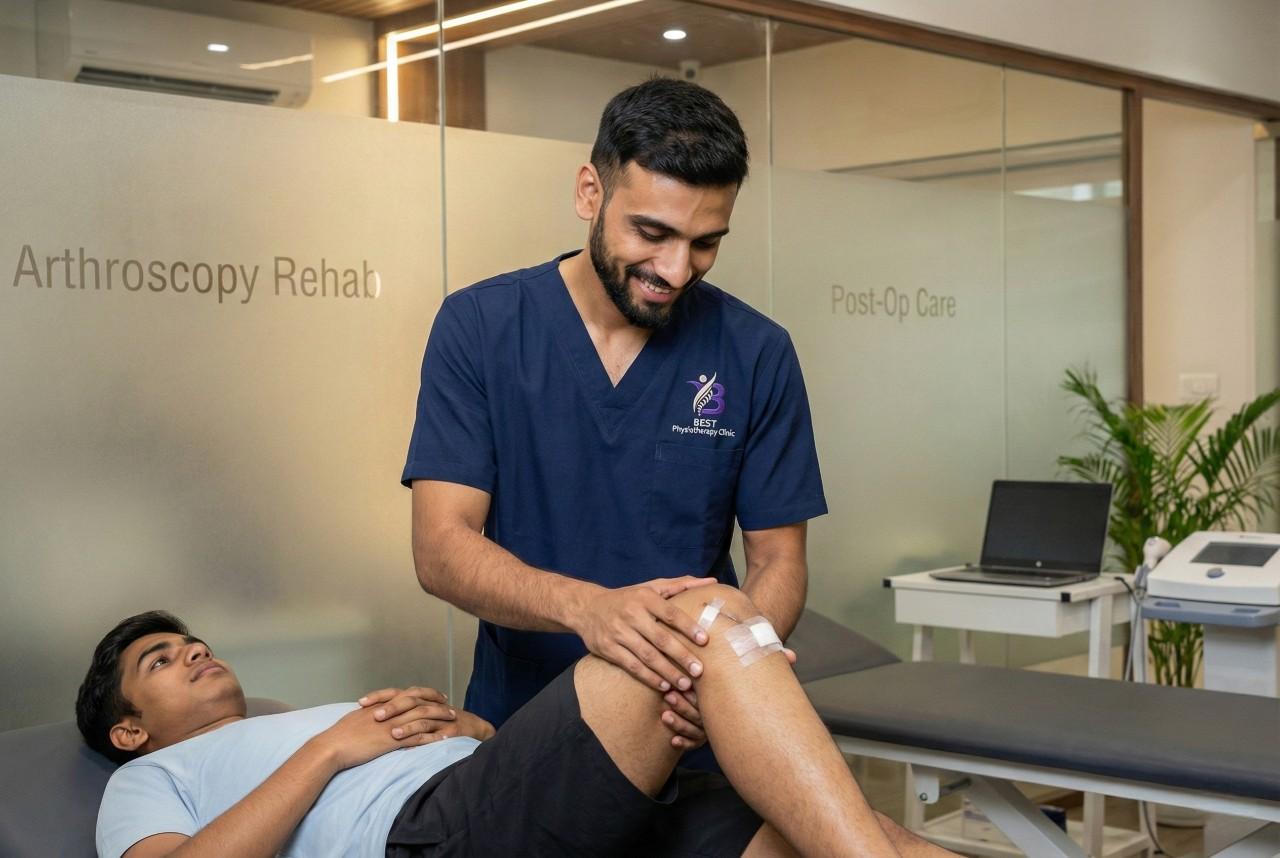 Physiotherapist Dr. Sagar examining post-operative incisions on the knee after arthroscopy rehabilitation surgery as part of early rehab care in Bopal Clinic.