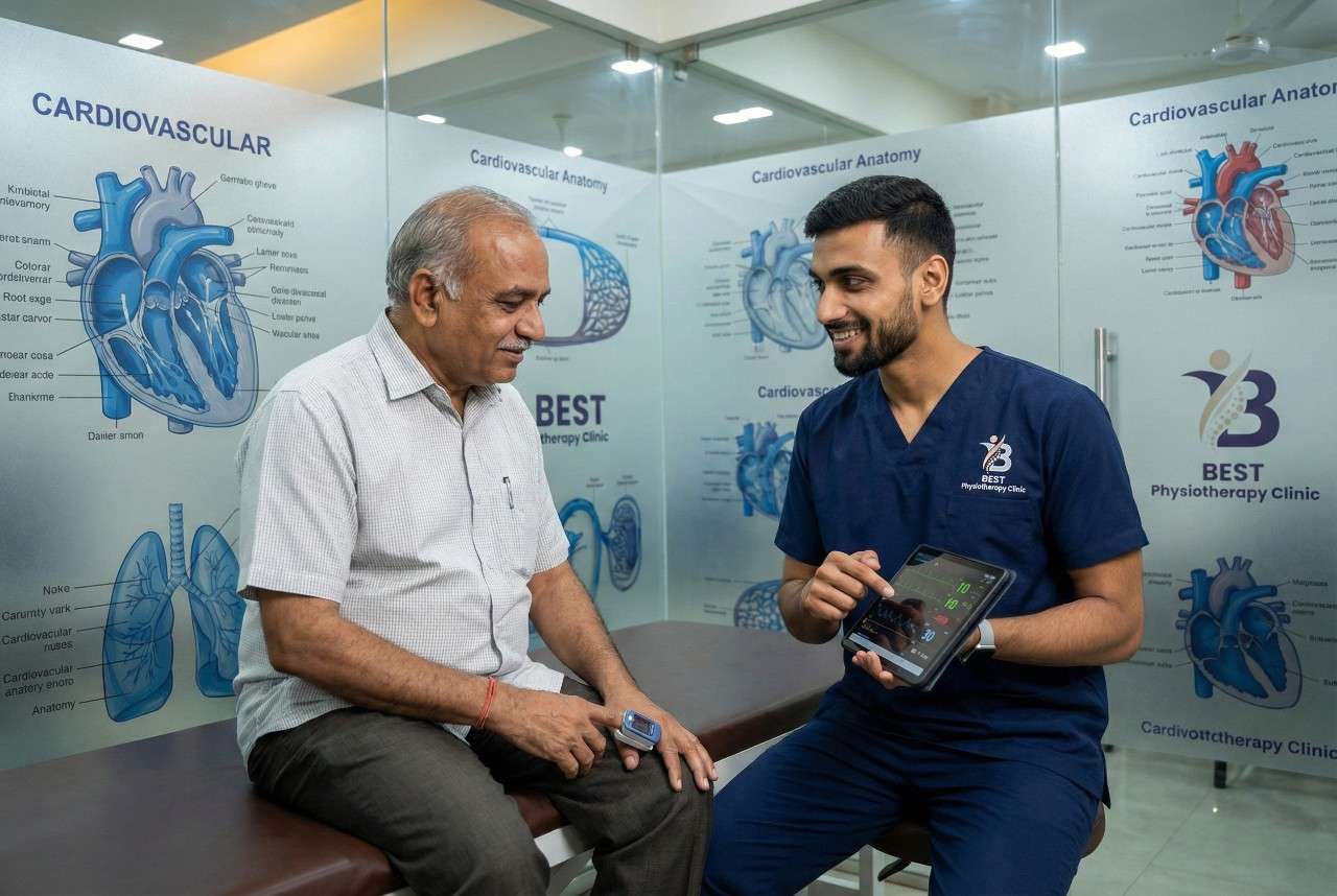 Senior patient monitoring vital signs with physiotherapist after cardiac surgery at BEST Physiotherapy in post cardiac surgery rehabilitation in Bopal