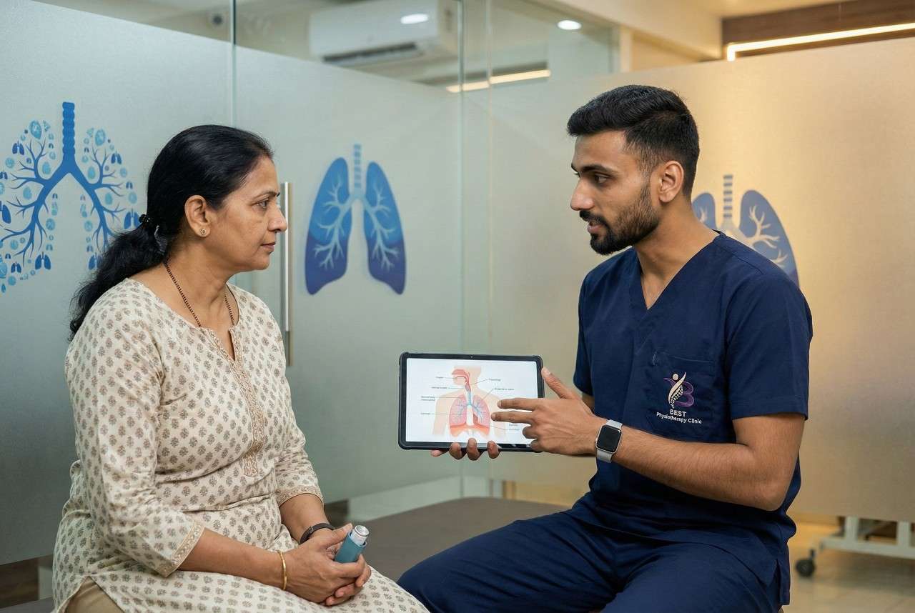 Physiotherapist Dr. Sagar demonstrating inhaler and spacer device technique to an asthma patient during pulmonary rehabilitation in Asthma Treatment & Physiotherapy in Bopal Clinic.