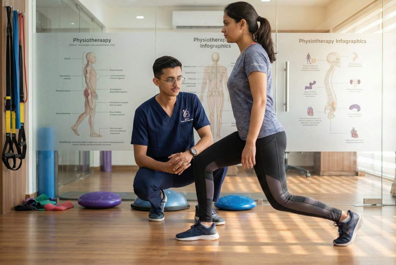 A physiotherapist is guiding a patient through a lunge for hip and knee rehabilitation exercise in hip pain treatment in bopal.