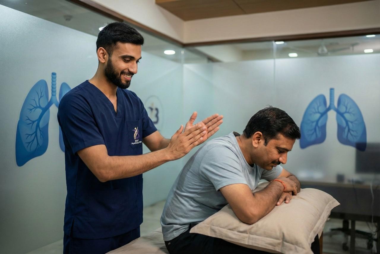 Physiotherapist performing percussion or clapping for chest physiotherapy (airway clearance) on a bronchitis treatment physiotherapy