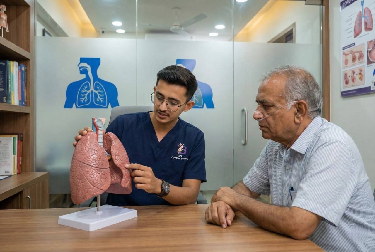 Physiotherapist Dr. Kanaiya using a lung model to educate a patient on the effects of COPD Physiotherapy Treatment in Bopal.