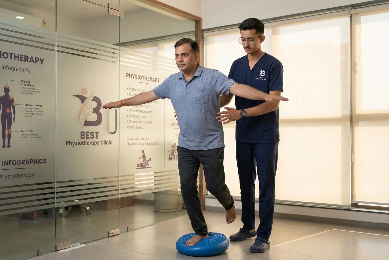 Man training balance coordination training on an instability disk with physiotherapy expert assistance in Bopal Ahmedabad.