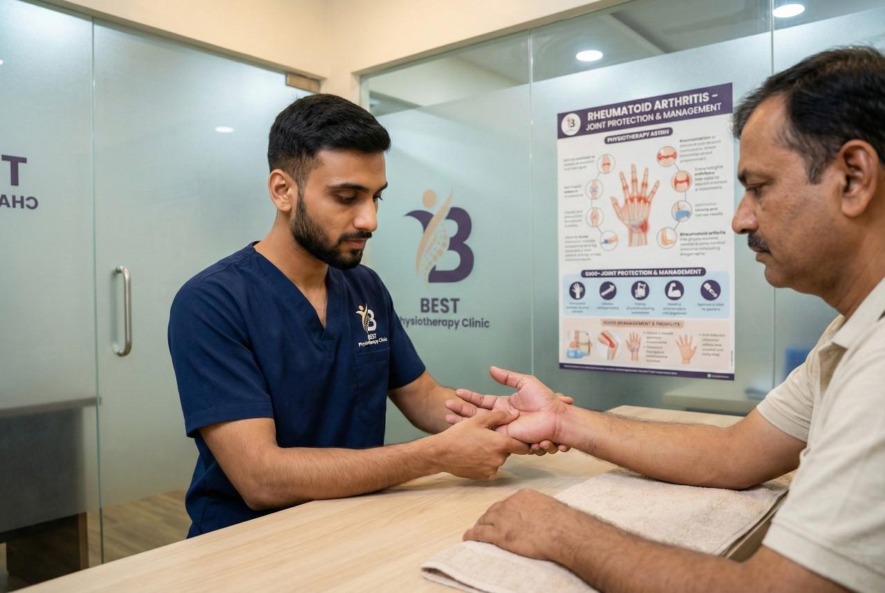 Physiotherapist Dr. Sagar assessing hand and finger joints for Rheumatoid Arthritis physiotherapy symptoms and pain.