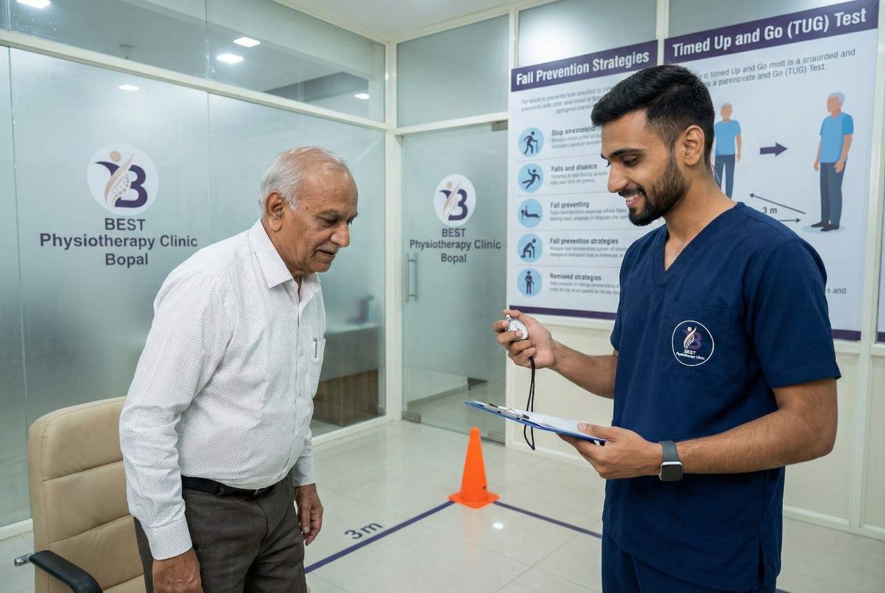 A physiotherapist is conducting a Timed Up and Go (TUG) test on an elderly man for fall risk assessment.