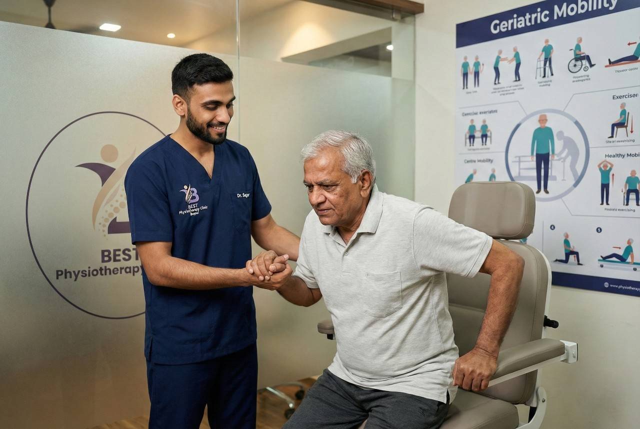 Physiotherapist Dr.Sagar assisting elderly man with age-related mobility loss to sit-to-stand training to improve functional mobility in Clinic Bopal Ahmedabad.