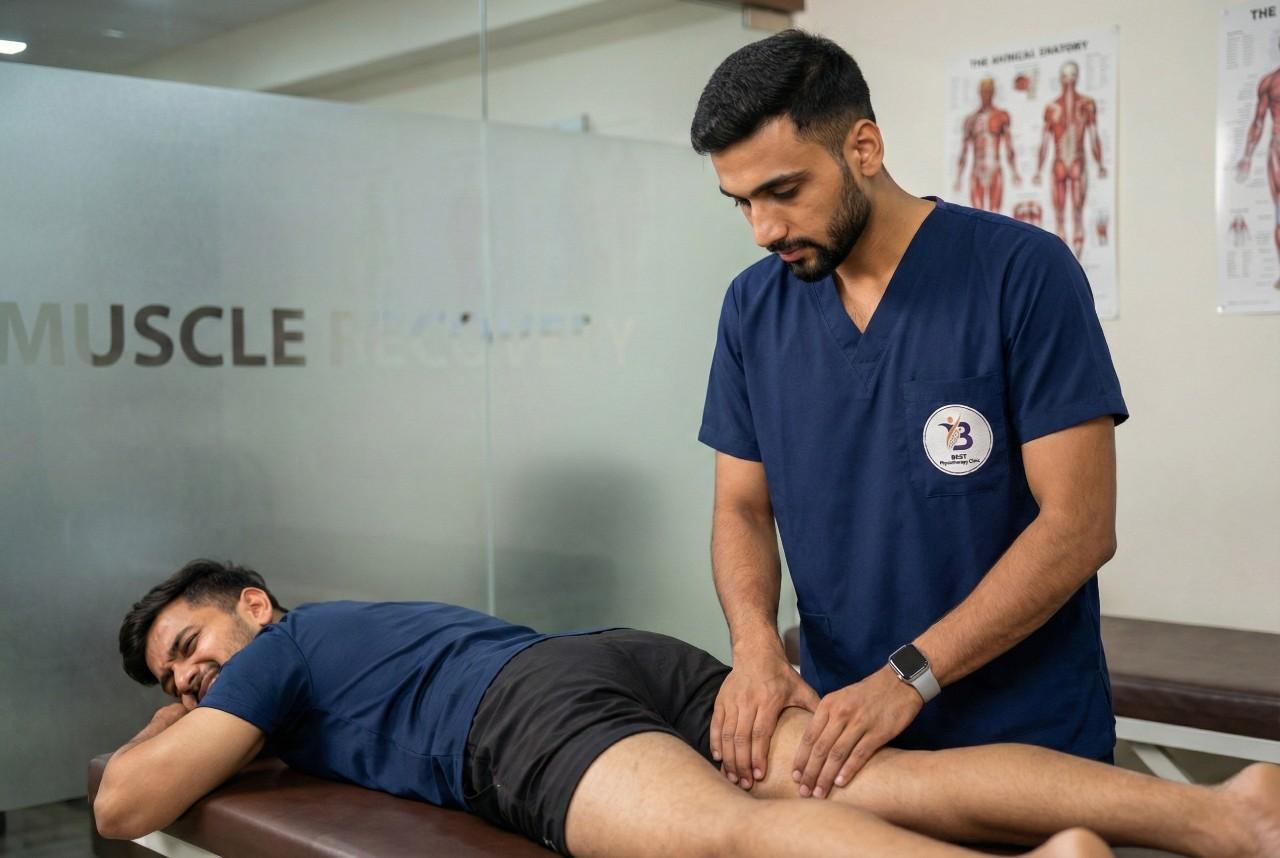A physiotherapist performing manual muscle therapy and massage for hamstring strain recovery muscle strain treatment in Bopal