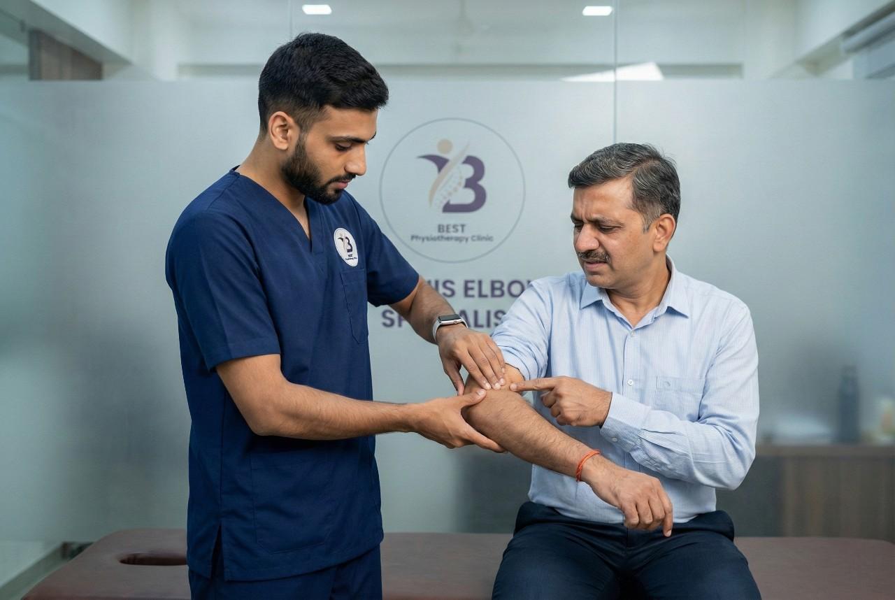 Physiotherapist assessing the forearm and lateral epicondyle for tennis elbow treatment pain and tenderness.