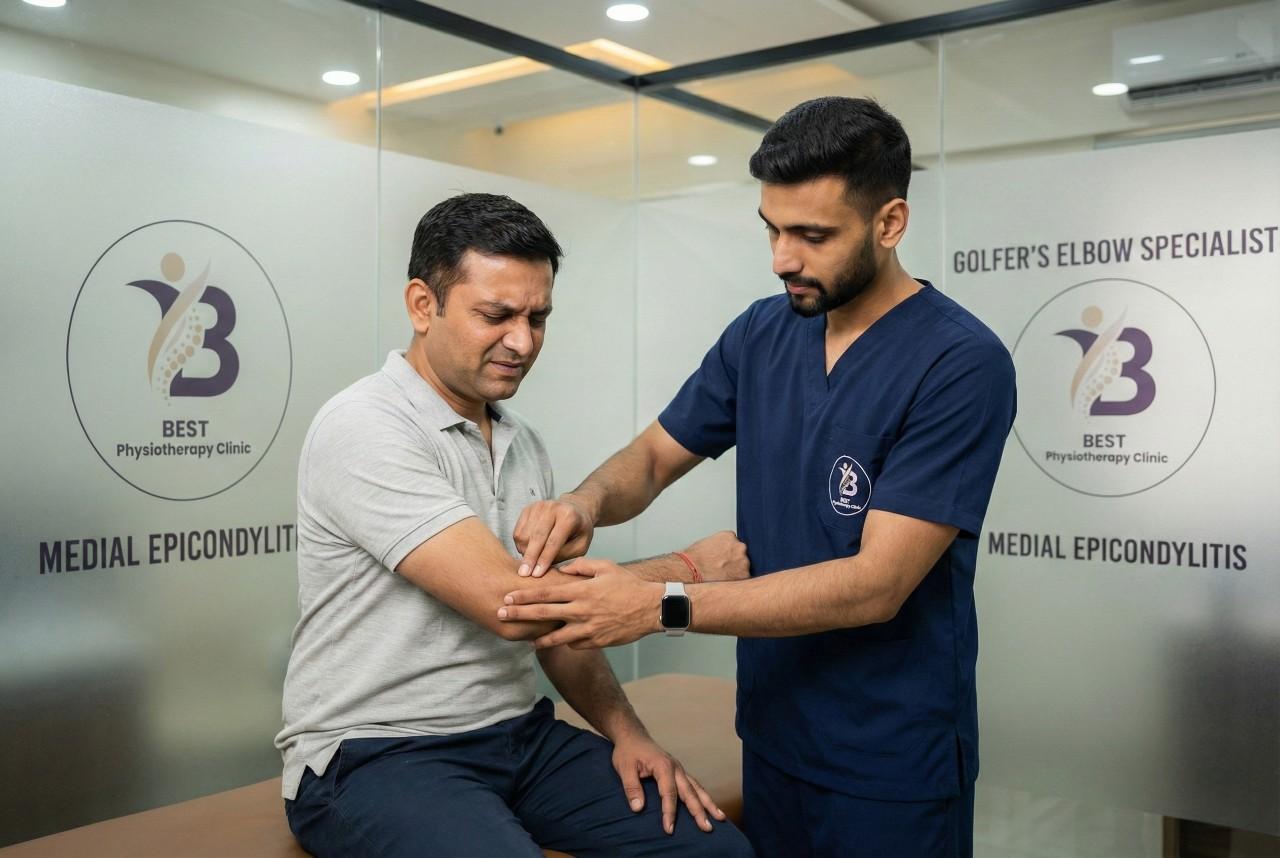 Physiotherapist assessing the medial epicondyle and forearm flexor muscles for Golfers Elbow treatment in Bopal