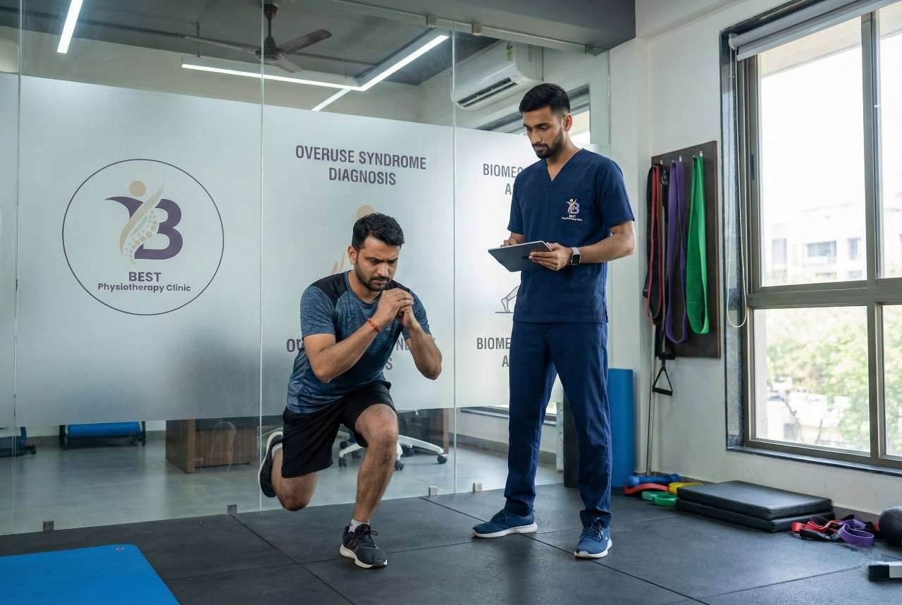 A physiotherapist performing movement analysis on an athlete's lunge to diagnose overuse injury treatment in clinic Bopal.