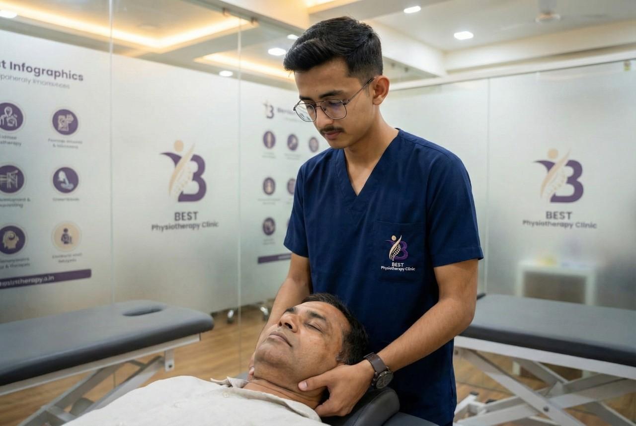 Dr. Kanaiya performing cervical spine joint mobilisation on the patient's neck for pain for joint mobilization therapy in clinic Bopal Ahmedabad.